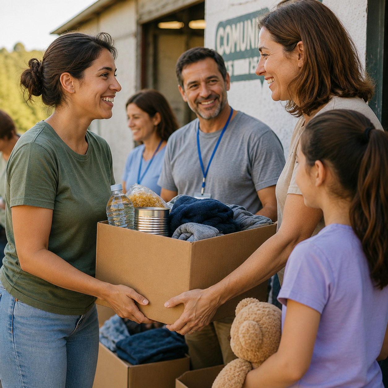 Personas y voluntarios entregando una caja de donaciones a la comunidad