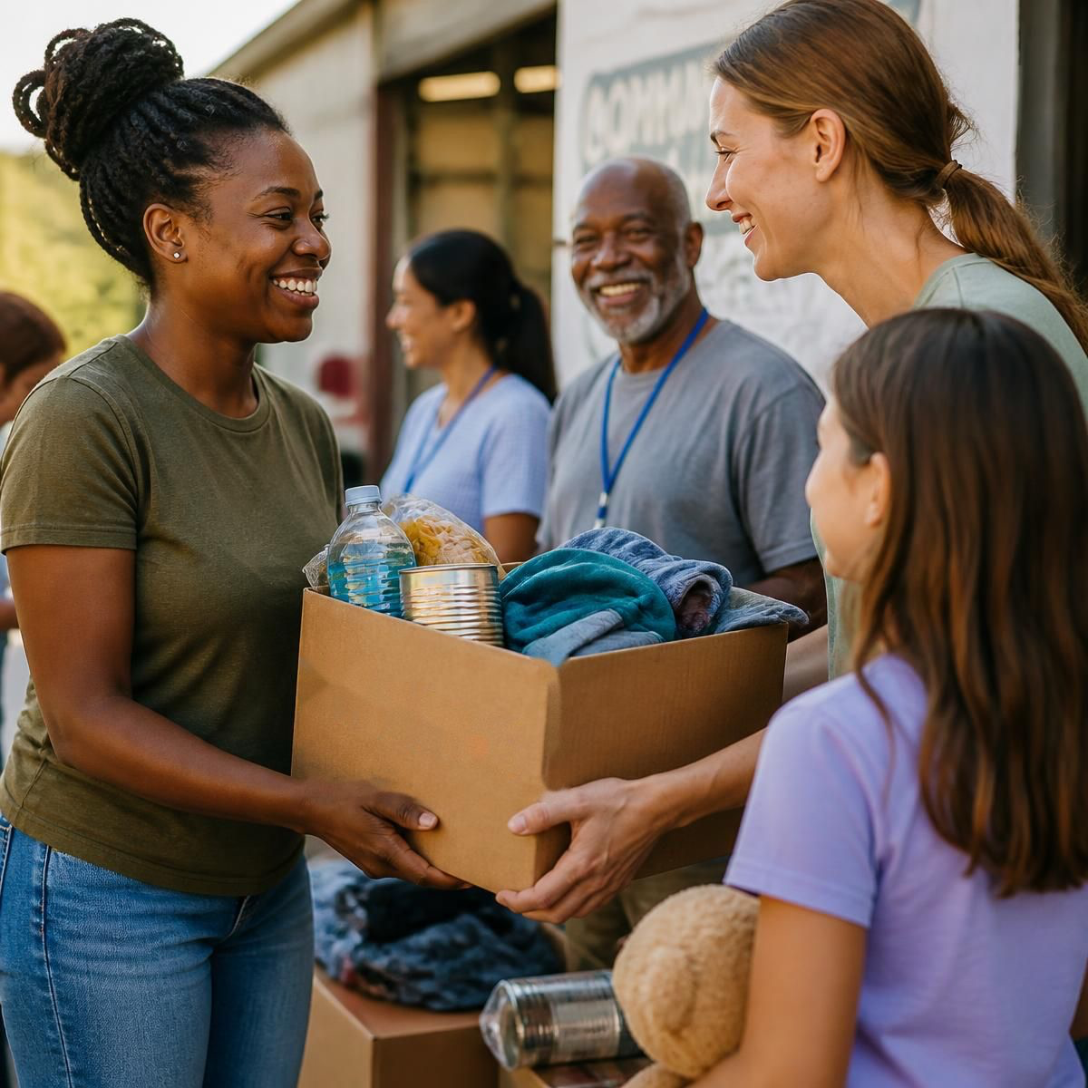 Personas y voluntarios entregando una caja de donaciones a la comunidad